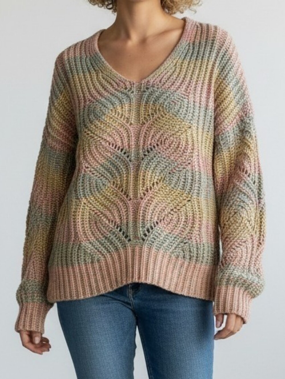 New Directions Pastel Multicolor Cable Knit Crewneck Sweater L